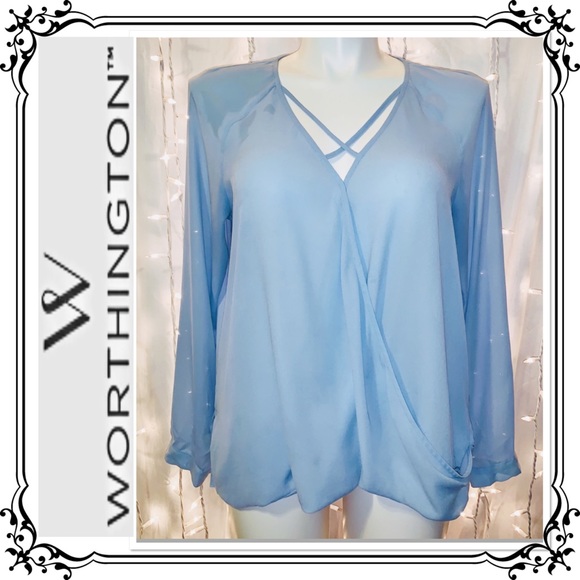 Worthington Tops - WORTHINGTON ⭐️ Baby Ling Sleeve Blue Mock Wrap-Around Blouse